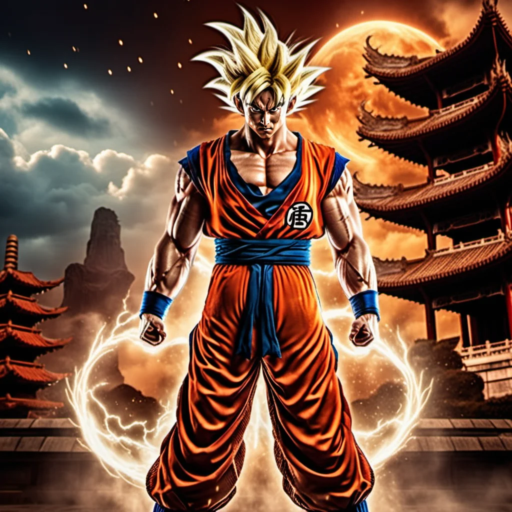 Goku1024 , a muscular man dressed in red, platinum blond hair, casting a powerfull spell, dramatic ball lightning between hands, dragon background, ancient chinese temple, highly detailed, photography, ultra sharp, film, bokeh, professional, 64k <lora:Goku1024:0.7>