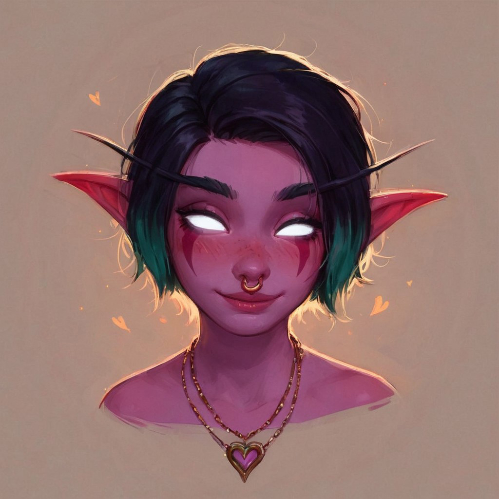 score_9, score_8_up, score_7_up, masterpiece, high quality,
cute night elf World of Warcraft, 1girl, adult, tall figure, pointy ears, purple skin, short hair, green hair, black hair, multicolored hair, half, beautiful cute face, glowing eyes, white eyes, no pupils, face markings, shy face, blush, necklace, jewellery, nose ring
closed eyes, smiling, heart symbol
rim light, simple background, face, portrait, one face only, highly detailed, details