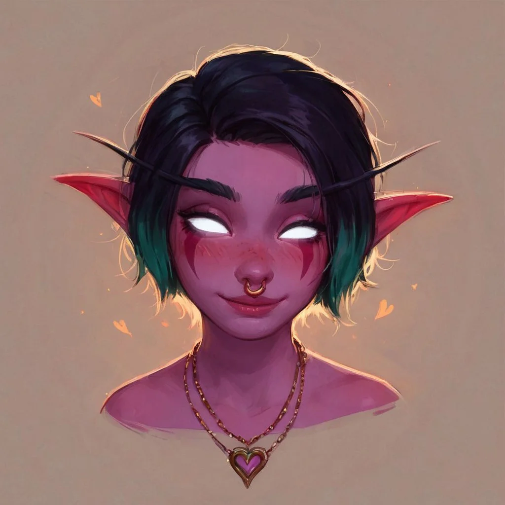 score_9, score_8_up, score_7_up, masterpiece, high quality,
cute night elf World of Warcraft, 1girl, adult, tall figure, pointy ears, purple skin, short hair, green hair, black hair, multicolored hair, half, beautiful cute face, glowing eyes, white eyes, no pupils, face markings, shy face, blush, necklace, jewellery, nose ring
closed eyes, smiling, heart symbol
rim light, simple background, face, portrait, one face only, highly detailed, details