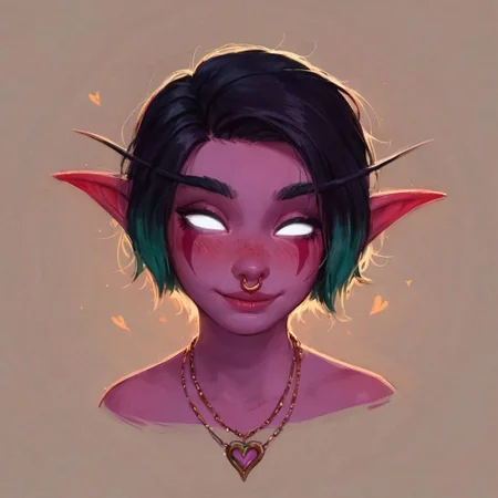 score_9, score_8_up, score_7_up, masterpiece, high quality,
cute night elf World of Warcraft, 1girl, adult, tall figure, pointy ears, purple skin, short hair, green hair, black hair, multicolored hair, half, beautiful cute face, glowing eyes, white eyes, no pupils, face markings, shy face, blush, necklace, jewellery, nose ring
closed eyes, smiling, heart symbol
rim light, simple background, face, portrait, one face only, highly detailed, details