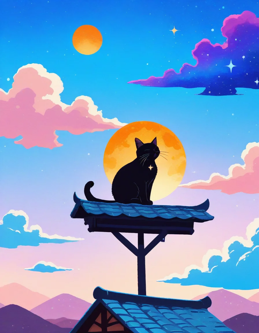 <lora:t4kar4i_shunsuk3:1>, t4kar4i_illu, no_outlines, no lineart, <lora:Concept_-_inner_galaxy_ILXL_ep10_by_ME:1>, inner_galaxy, silhouette, space background, sparkles, vivid colors, cosmic, stars, galaxies, nebulas, planets,
(masterpiece, best quality, ultra-detailed, absurdres, newest, detailed textures, correct anatomy:1),
no humans, 2cats, cute white cat with a chubby body and a black cat with messy fur sitting on a roof, bask in the sunshine, detailed medieval town with traditional houses and red tiled roofs, mountains in the background, clear blue sky with fluffy white clouds and a bright yellow sun, soft pastel colors, detailed textures on the roof tiles and houses, serene and peaceful atmosphere, calm and quiet town, playful and adorable cats, charming and whimsical scene, warm and inviting, detailed and intricate, vibrant and lively, cozy and quaint, picturesque and idyllic, harmonious and balanced composition, tranquil and soothing, delightful and heartwarming, beautiful and captivating, enchanting and magical, dreamy and fantastical, imaginative and creative