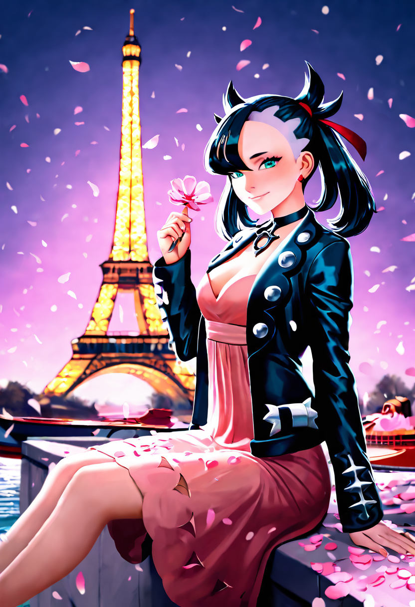 masterpiece, best quality, medium breasts, (curvy),   BREAK, zzMarnie, aqua eyes, black choker, red ribbon, pink dress, jewelry, black jacket, open clothes, long sleeves, <lora:MarniePokemon_NAI_v2:1.0>,  <lora:EiffelTower_NAI:1.0>,  zzEiffelTower in background,  sitting, watercraft, boat, sitting on wall, side view, looking at viewer, smile,,, blooming stars, luminescent petals, otherworldly fragrance blurry background,