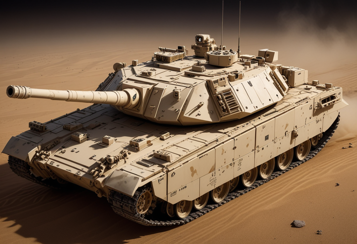 (medium full shot) of (rugged light desert-camo tank) with ceramic armor, electric, advanced targeting system, additional storage compartments, set in  a flat battlefield, with clear lines of sight and few places to hide, the tank in a direct confrontation, during a nighttime operation, Masterpiece,best quality, photo, realistic, very aesthetic,
