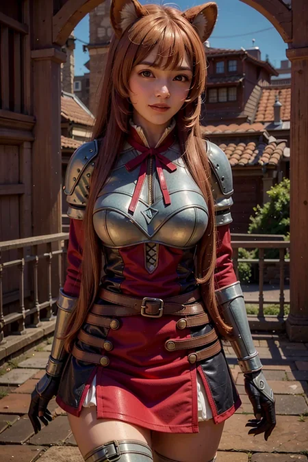 (masterpiece), best quality, ultra high res, Raphtalia, 1girl, solo, long hair, breasts, looking at viewer, smile, brown hair, red eyes, thighhighs, long sleeves, dress, holding, animal ears, very long hair, closed mouth, belt, armor, red ribbon, animal ear fluff, neck ribbon, brown gloves, breastplate, raccoon ears, raccoon tail, raccoon girl,professional lighting, photon mapping, radiosity, physically-based rendering, cinematic lighting, intricate, High Detail, Sharp focus, photorealistic