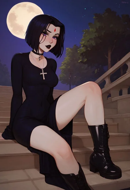 score_9, score_8_up, score_7_up, Raven from dc, raven, Rachel Roth, white skin, altered skin color, ash like skin color, black hair, purple eyes, black lipstick.
Taking a walk through the park at night, park benches, park tables, night, night time, moon, bright moon.
black dress, tight dress, bangs covering eyes, cross necklace on choker, black gothic boots, sitting on stairs