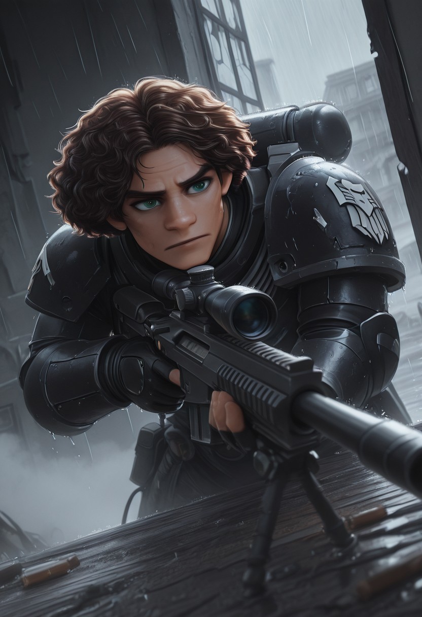 masterpiece, best quality, high quality, newest, highres,8K,HDR,absurdres, dynamic angle, realistic, 1boy, wearing edgRG_(power armor), pauldrons, raven emblem, solo, 1boy,  Camilo Madrigal, a handsome young man, m1l0th, C4milo M4drig4l, brown hair, afro, curly hair, hazel green eyes, perfect eyes,  holding a sniper, broken window, silhouette, creepy, backlit, haunted, lightnings and thunders, rain, rainy, fog, mist, cold, dutch angle, dark interior, solo, close up, mid shot, dutch angle, <lora:edgIllustriousXL_Raven_Guard:1>