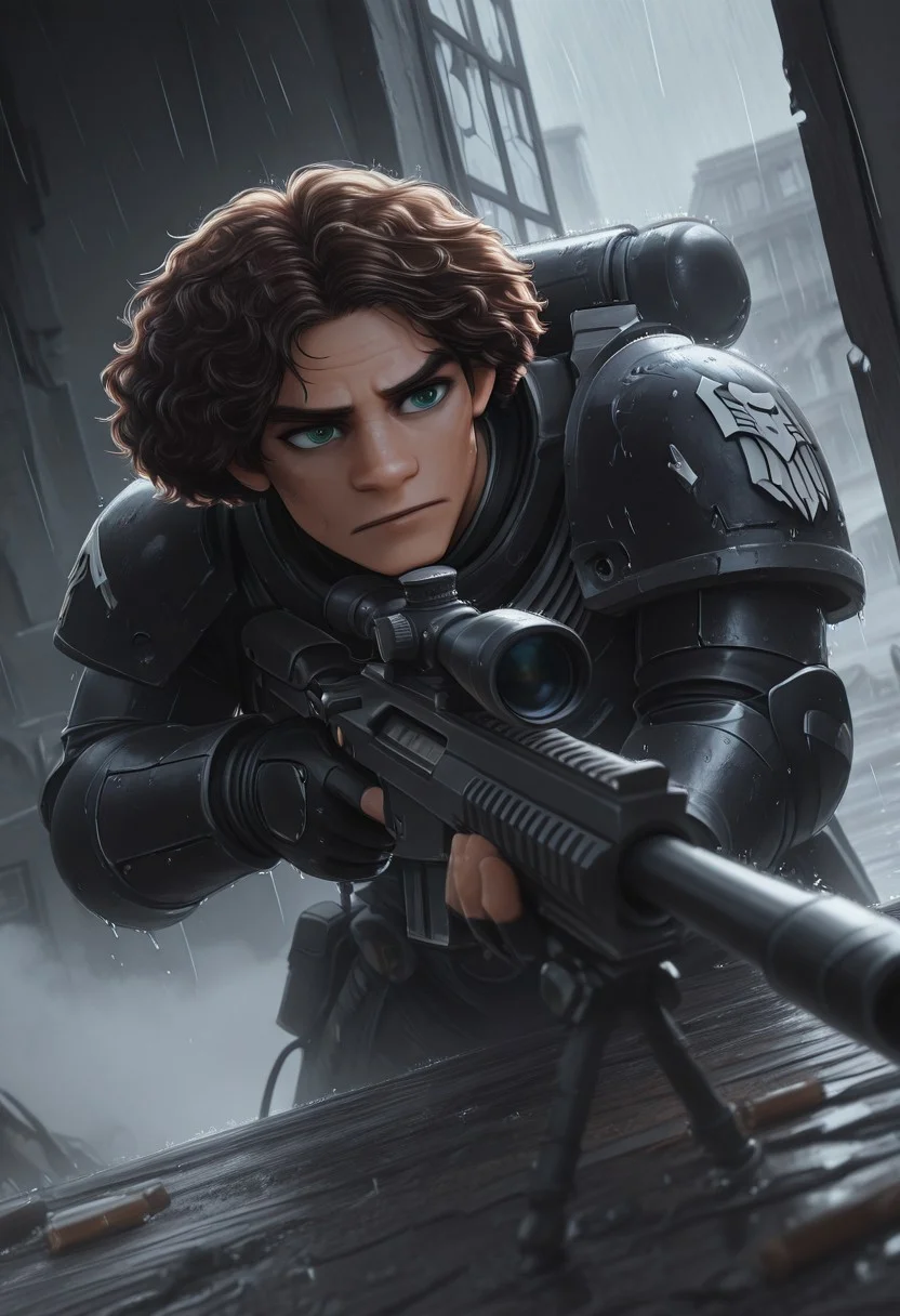 masterpiece, best quality, high quality, newest, highres,8K,HDR,absurdres, dynamic angle, realistic, 1boy, wearing edgRG_(power armor), pauldrons, raven emblem, solo, 1boy, Camilo Madrigal, a handsome young man, m1l0th, C4milo M4drig4l, brown hair, afro, curly hair, hazel green eyes, perfect eyes, holding a sniper, broken window, silhouette, creepy, backlit, haunted, lightnings and thunders, rain, rainy, fog, mist, cold, dutch angle, dark interior, solo, close up, mid shot, dutch angle, <lora:edgIllustriousXL_Raven_Guard:1>
