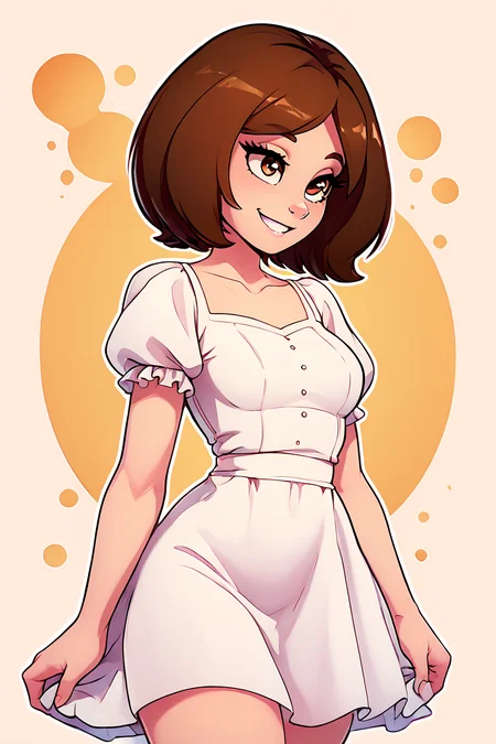 score_9, score_8_up, score_8, medium breasts, (curvy), cute, eyelashes, BREAK, , zzEdel, brown eyes, medium hair, brown hair, short hair, dress, collarbone, puffy short sleeves, <lora:EdelFrieren_PDXL:1.0>, , BREAK, smile, looking at viewer, ,,, abstract background, white outline, cowboy shot, ,,, embedding:zPDXL, Expressiveh, ,,, <lora:theOtherHalfPDXL:0.8>, <lora:CatalystStylePDXL:0.6>, <lora:SDXLFaeTastic2400:0.5>, <lora:Expressive_H-000001:0.4>,