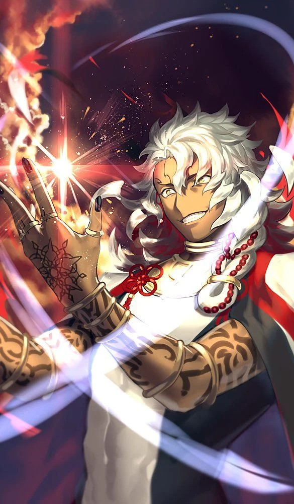 solomon_(fgo), handsome, dark-skinned man, long hair, white hair, messy hair, ahoge, braid, yellow eyes, jewelry, long robes, tattoo, black fingernails