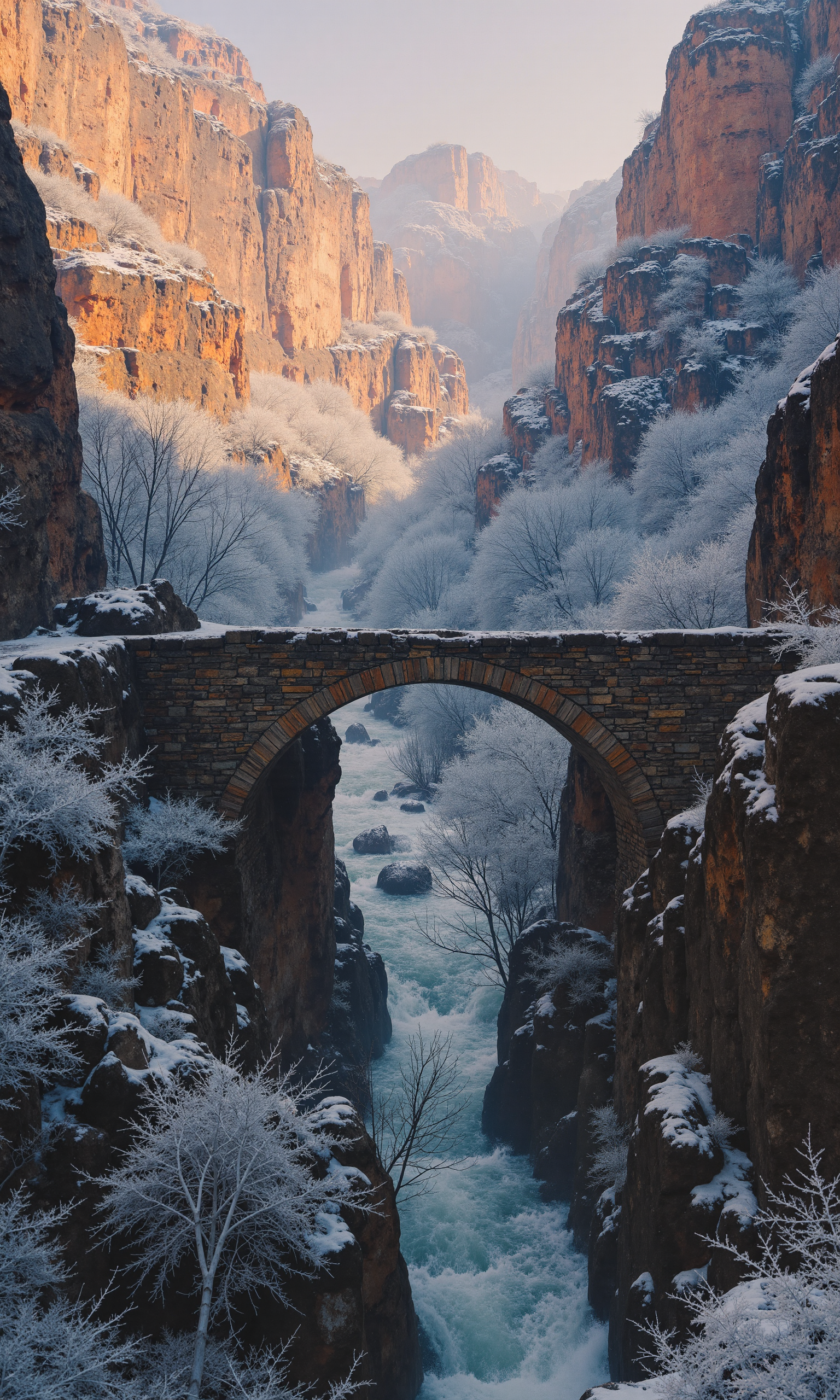 ancient stone bridge crossing a deep valley, remnants of a lost civilization, colorful rock formation, spectacular view, nature, winter, dawn
