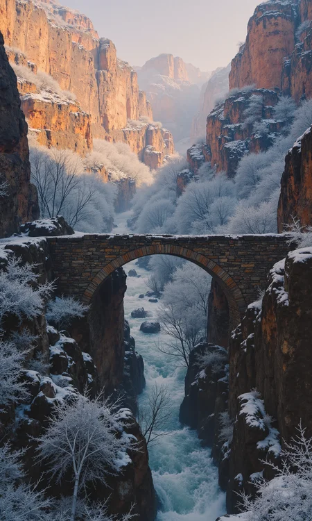 ancient stone bridge crossing a deep valley, remnants of a lost civilization, colorful rock formation, spectacular view, nature, winter, dawn