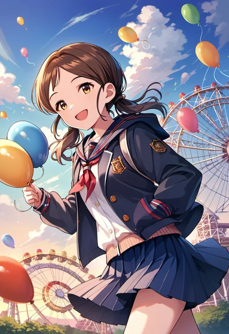 score_9, score_8_up, score_7_up, source_anime, ayase honoka, brown hair, brown eyes, balloon, 1girl, ferris wheel, skirt, twintails, solo, school uniform, smile, low twintails, jacket, open mouth, hood