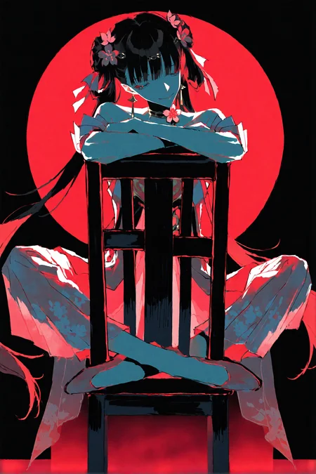 ultra detailed painting \(medium\) by (mzet:1.3),very awa,masterpiece,highres,absurdres,newest,year 2024,year 2023,studio shot,solo,(sitting backwards:1.2),crossed arms,arms on chair,lhead tilt,calm,closed eyes,smug,simple background,black theme,red theme,black background,eclipse,backlighting,<lora:96YOTTEA-WAI:0.55>,<lora:ponyv6_noobV1_2_adamW-000017:0.8>,
<lora:jxnew-noob-Tanger-000014:0.8>,
jinhsi,jinhsi \(peach blossom\) \(wuthering waves\),(clothes:peach blossom pink dress,alternate costume,bare shoulders:1.2),flower-shaped pupils,1girl,hair ornament,hair flower,twintails,bangs,jewelry,very long hair,