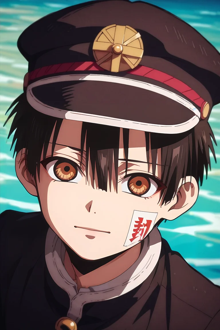 score_9, score_8_up, score_7_up, source_anime, rating_safe, , (photorealistic:0.6), looking at viewer, depth of field, 1boy, solo, male focus, <lora:hanako-kun_pony:0.84>, hanako-kun, black hair, brown eyes, short hair, hair between eyes, bangs, hat, ofuda, from above, full body, lake city, light, (pose), :o, , <lora:sdxl_lightning_8step_lora:1>
