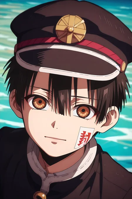 score_9, score_8_up, score_7_up, source_anime, rating_safe, , (photorealistic:0.6), looking at viewer, depth of field, 1boy, solo, male focus, <lora:hanako-kun_pony:0.84>, hanako-kun, black hair, brown eyes, short hair, hair between eyes, bangs, hat, ofuda, from above, full body, lake city, light, (pose), :o, , <lora:sdxl_lightning_8step_lora:1>