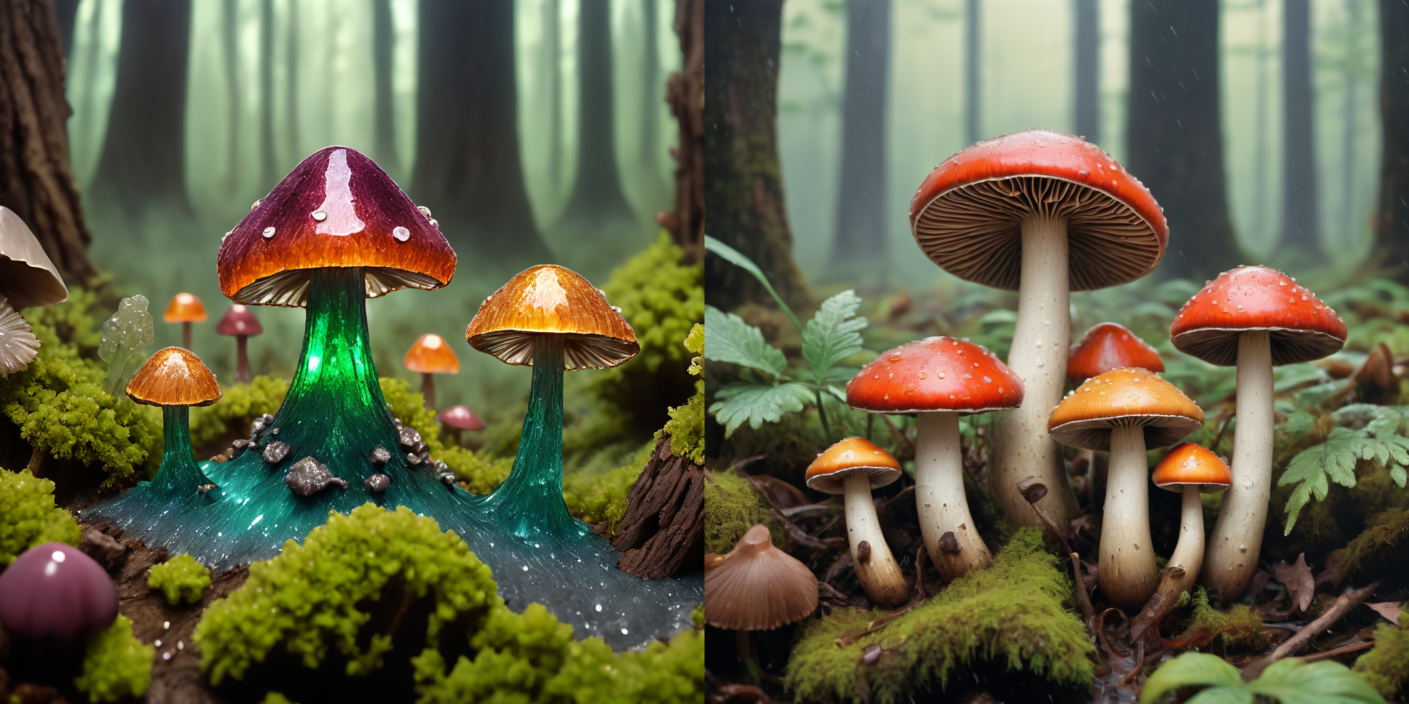kcrstal17xl analog realistic Cloisonnism colour photo of a mushrooms growing in a wet spring forest, very detailed, award-winning