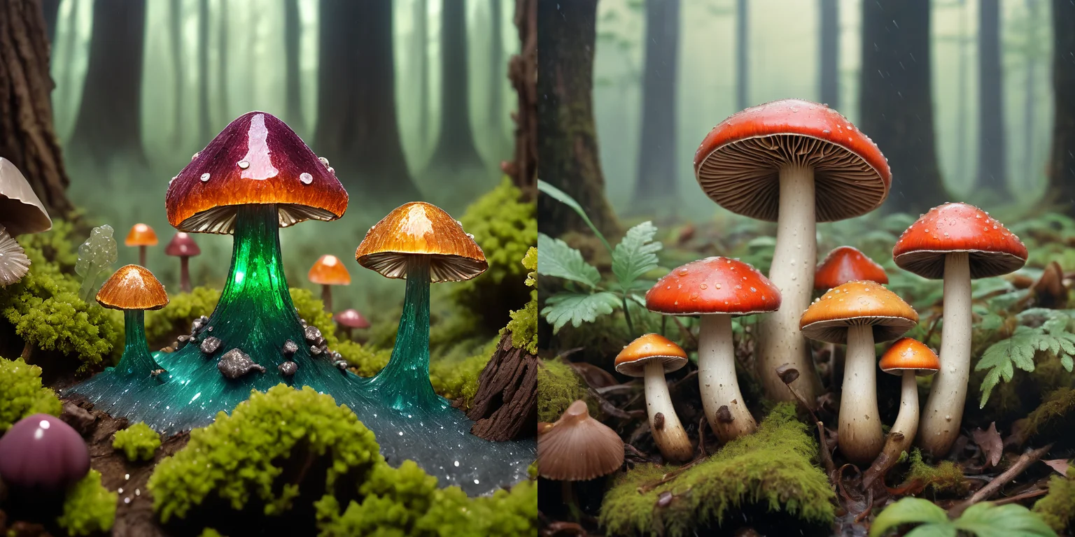 kcrstal17xl analog realistic Cloisonnism colour photo of a mushrooms growing in a wet spring forest, very detailed, award-winning