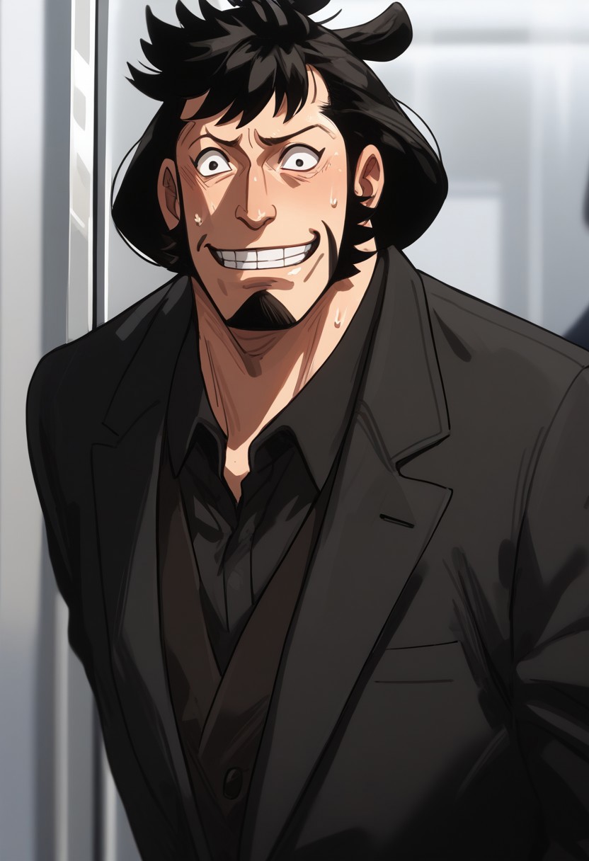 score_9, score_8_up, score_7_up, source_anime, rating_safe, KinemonOP, (black_Kinemon_topknot hair), black_Kinemon_facial hair, black_Kinemon_eyes, 1boy, male focus, formal suit, nervous smile, sweating, cropped legs, hands with five fingers, blurry indoor elevator, solo focus, centered, uncomfortable-narrow,