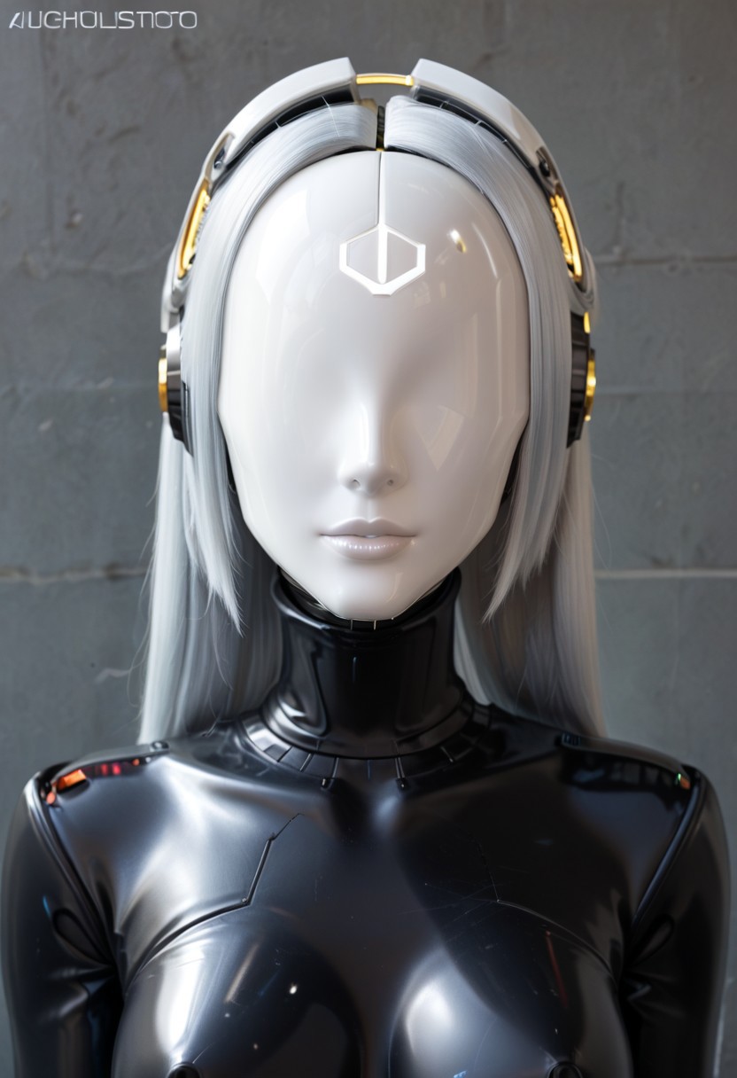 A 35mm photo of a beautiful robotic woman, she has a faceless robotic head, robot, silver hair, smooth metallic featureless feminine body
no face