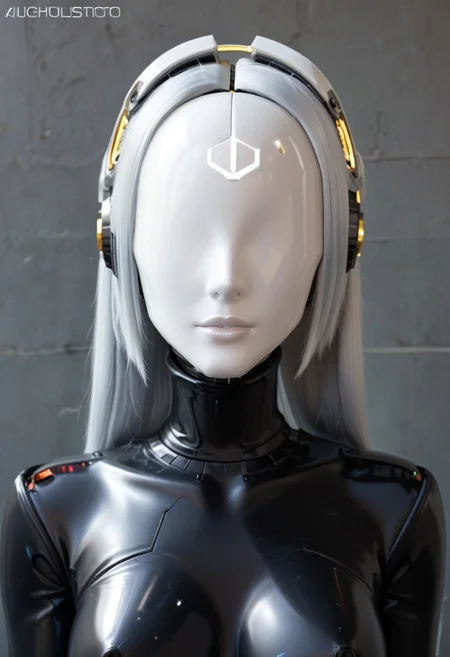 A 35mm photo of a beautiful robotic woman, she has a faceless robotic head, robot, silver hair, smooth metallic featureless feminine body
no face