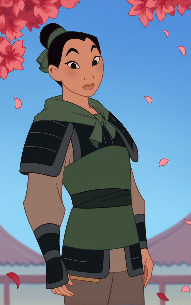 score_9, score_8_up, score_7_up, looking at viewer,  BREAK
Armor Fa Mulan ownwaifu, 
1girl, black hair, black eyes, single hair bun, short hair, dark skin, thick eyebrows,  hair ribbon, makeup,
shoulder armor, topknot, armor, japanese armor, sheath, long sleeves, sheathed, green shirt, pants, pauldrons, ribbon, belt, 
(contrapposto, from side, looking down, cowboy shot), falling petals, red petals, simple background, bokeh,  <lora:PONYXL_Fa_Mulan_Movie_ownwaifu:0.85>, solo,
