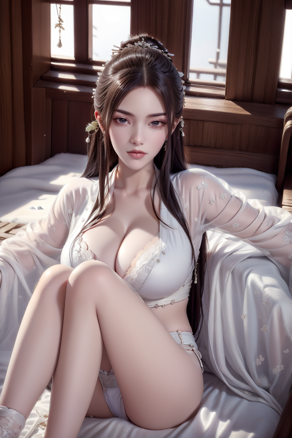 1girl, breasts, jewelry, lace, navel, lace_trim, lace-trimmed_legwear, long_hair, lingerie, solo, white_hair, sitting, earrings, looking_at_viewer, large_breasts, underwear,<lora:MIAOKA_fangqingxue_v1.0:1>