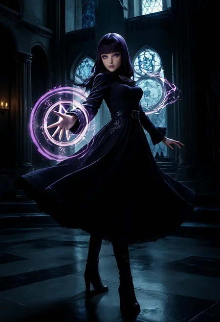 score_9, score_8_up, score_7_up, score_6_up, k9r0, Darmagmb, very aesthetic, detailed face, full body, action shot BREAK 1girl, 25 years old, action pose, dark aura, casting spell, magical, purple spell, purple magic, Spell hexagram, purple aura, dark aura, purple magic hexagram, cute face, purple eyes, skinny body, black hair, blunt bangs, hime cut, black dress, long dress, long sleeves, hood, cloak, boots BREAK indoors, old castle, hall with artifacts, old books,
