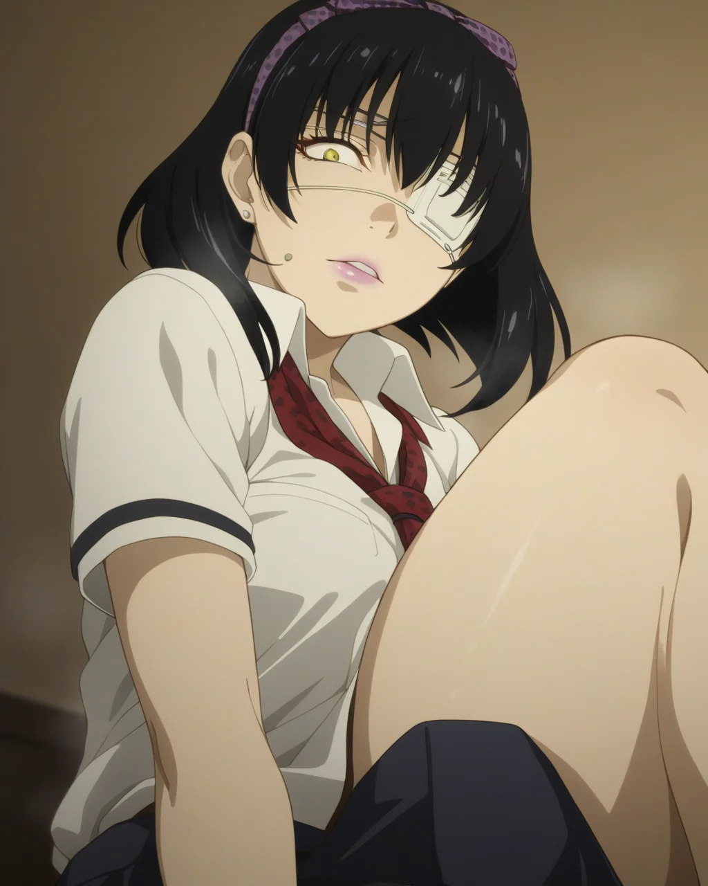 best quality,masterpiece,highres,1girl,solo,newest,rating: explicit, looking at viewer , <lora:Midari_Ikishima_XL-step00001400:0.8> ,(midari ikishima, black hair, yellow eyes, eyepatch, hairband, short hair, jewelry, earrings, stud earrings), school uniform
