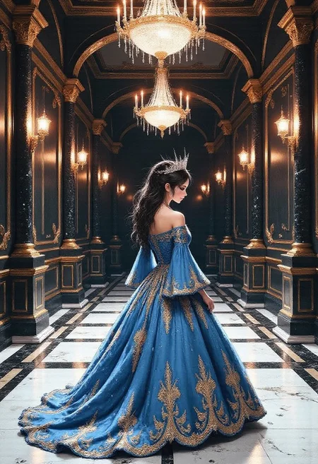 an adroit d3press1on illustration, A fantasy portrait set in an opulent baroque palace interior, featuring a young woman in an elaborate blue and gold ball gown. The scene is captured in a symmetrical medium shot with dramatic lighting that emphasizes the ornate architectural details, including marble columns, gilded accents, and crystal chandeliers. The subject stands centered in the frame, wearing a crystal tiara and an intricately embroidered off-shoulder gown with bell sleeves and a full skirt. The interior features dark paneled walls with gold details, creating a rich contrast with the blue fabric of the dress. Multiple levels of crystal chandeliers illuminate the space, reflecting off the polished marble floor and creating an atmosphere of royal grandeur. Portrait photography with dramatic studio lighting and symmetrical framing in a medium shot composition.