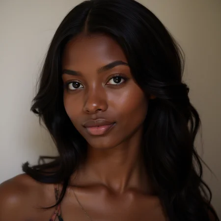 Portrait of A young african woman with an ethereal beauty. Her delicate features blend together in perfect harmony. Her eyes, large and deep black, seem to reflect the vastness of the sky. A small, upturned nose adds a touch of innocence to her face, while her delicatel lips curve into a captivating subtle smile. Her skin, tan as dark chocolate, seems to emit a gentle glow. Her slender figure and natural elegance make her truly stunning, long black hair, curly hair