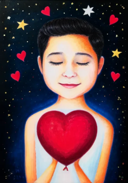 by alessandro pedrazzini <lora:alessandropedrazzini_v1.0c:1>, boy holding a heart