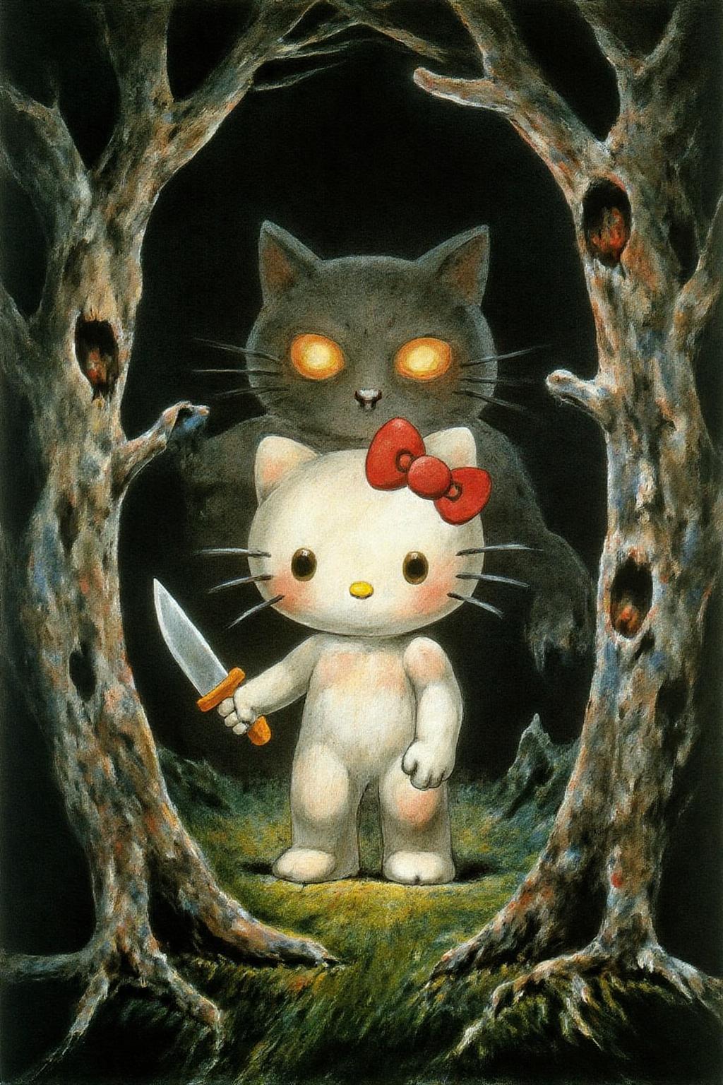 wblake1 painting. Hello Kitty in the middle of the forest holding a knife, the atmosphere and the character looks scary, Hello Kitty is hidden by the shadows  <lora:wblake1_cap_d6a3e13:1.0><lora:826985743990858450:0>