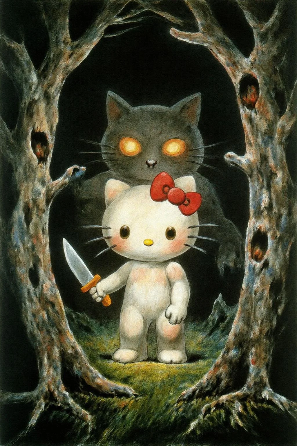 wblake1 painting. Hello Kitty in the middle of the forest holding a knife, the atmosphere and the character looks scary, Hello Kitty is hidden by the shadows <lora:wblake1_cap_d6a3e13:1.0><lora:826985743990858450:0>