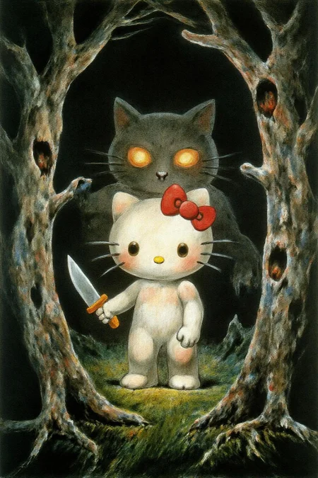wblake1 painting. Hello Kitty in the middle of the forest holding a knife, the atmosphere and the character looks scary, Hello Kitty is hidden by the shadows <lora:wblake1_cap_d6a3e13:1.0><lora:826985743990858450:0>