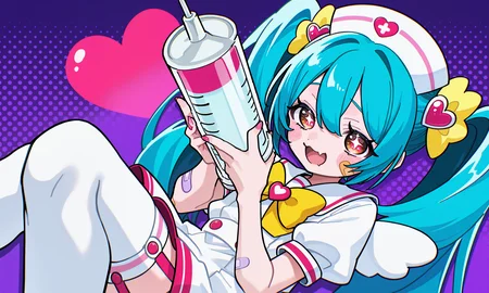 1girl, hatsune miku, m@gical cure! love shot! \(vocaloid\),
solo, long hair, looking at viewer, blush, smile, open mouth, hair ornament, red eyes, dress, thighhighs, hat, holding, bow, hair between eyes, twintails, brown eyes, blue hair, short sleeves, heart, wings, one eye closed, puffy sleeves, fang, bowtie, sailor collar, white dress, star \(symbol\), puffy short sleeves, symbol-shaped pupils, sparkle, blush stickers, garter straps, ;d, bandaid, skin fang, yellow bow, sailor dress, + +, heart hair ornament, bandaid on face, nurse cap, star-shaped pupils, nurse, halftone, yellow bowtie, syringe, oversized object, > o, bandaid on arm, holding syringe, bandaid on hand
abstract background, fisheye, close-up,
rating safe, akita,
masterpiece, best quality, amazing quality, highres, newest, <lora:akita:1.0>