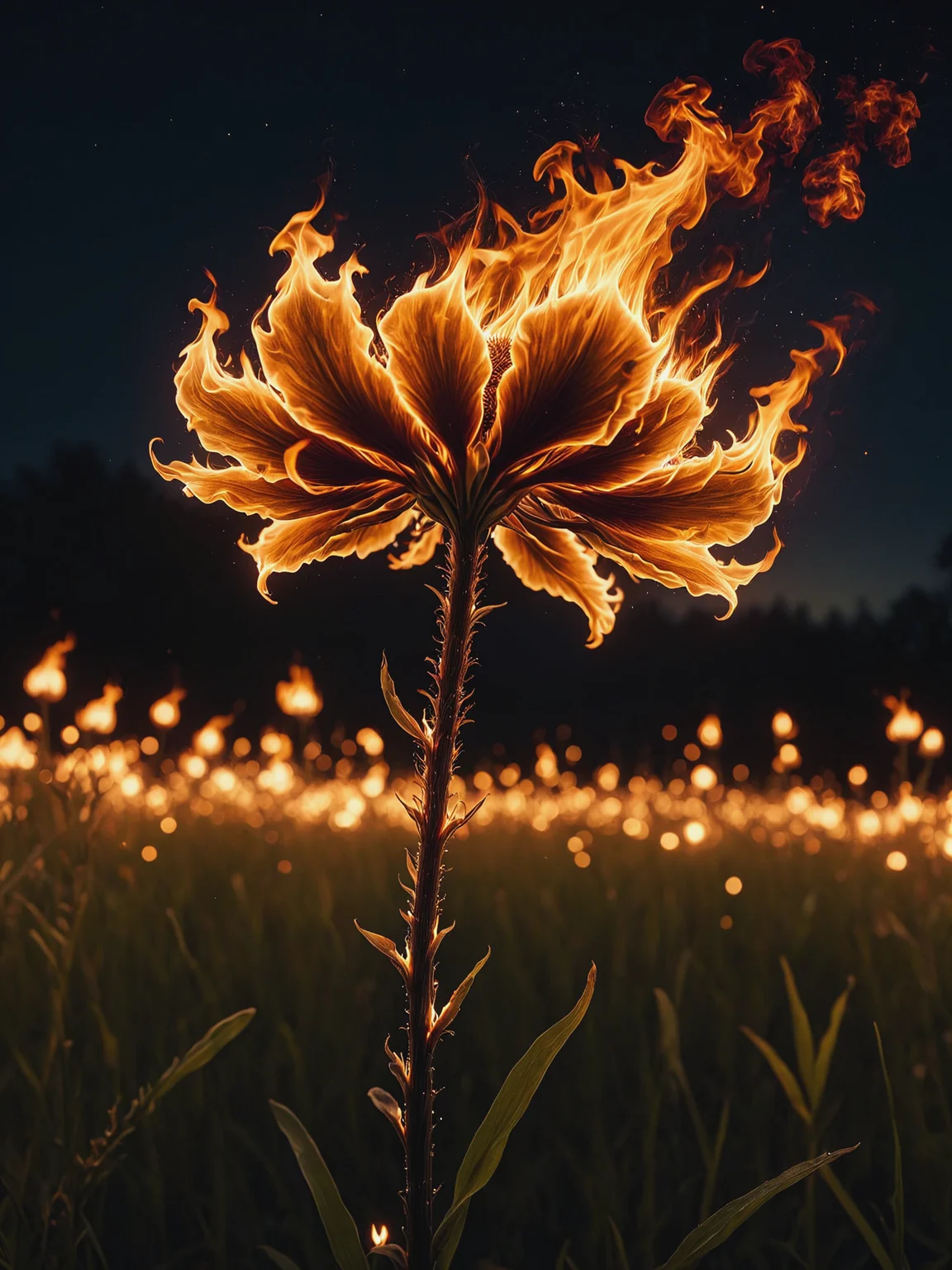 flower dissolves into mad-flames, lush meadow in background, night <lora:Flames_SDXL:0.8>, raw photo, film grain, Fujifilm XT3, (photorealistic, realistic:1.2), deep shadow, 8k, uhd, dslr, ultra high res