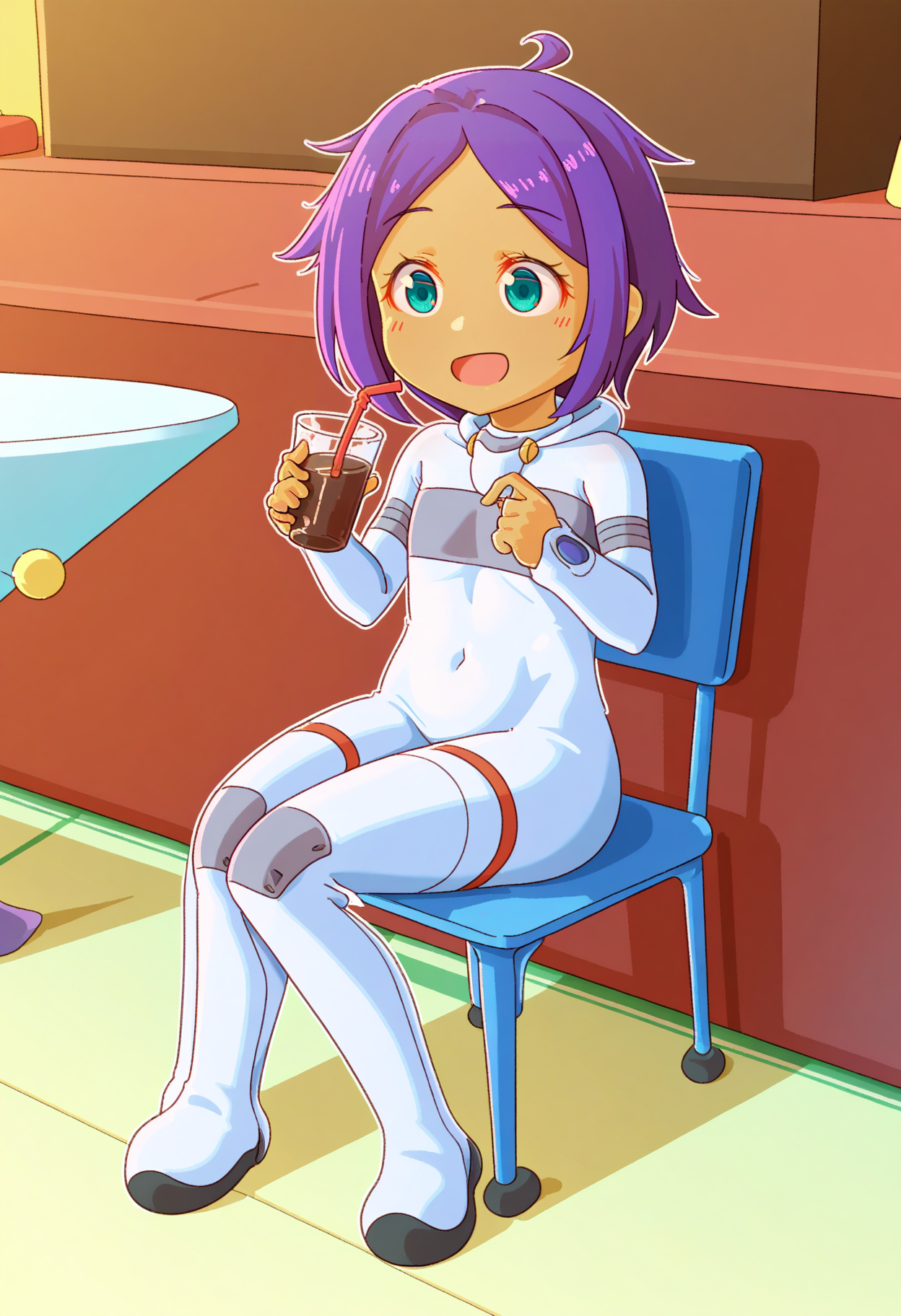 best hands, 5 fingers, <lora:coco(Various styles)_IL1.3:1>full body, sitting on chair, drinking straw, smile, 
coco, 1girl, solo, purple short hair, blue eyes, ahoge, aqua eyes, dark-skinned female, parted bangs, flat chest, open mouth,  
covered navel, white bodysuit, 
Ajidot_style
indoors, restaurant, table