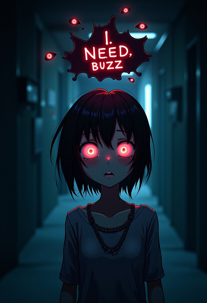 high quality anime art style, occult ritual, horror vibe, demonic possession, scared punk girl in the dark basement looking up, dark paranormal power with eyes coming from her head and forming a dark bubble with text: "I. NEED. BUZZ."