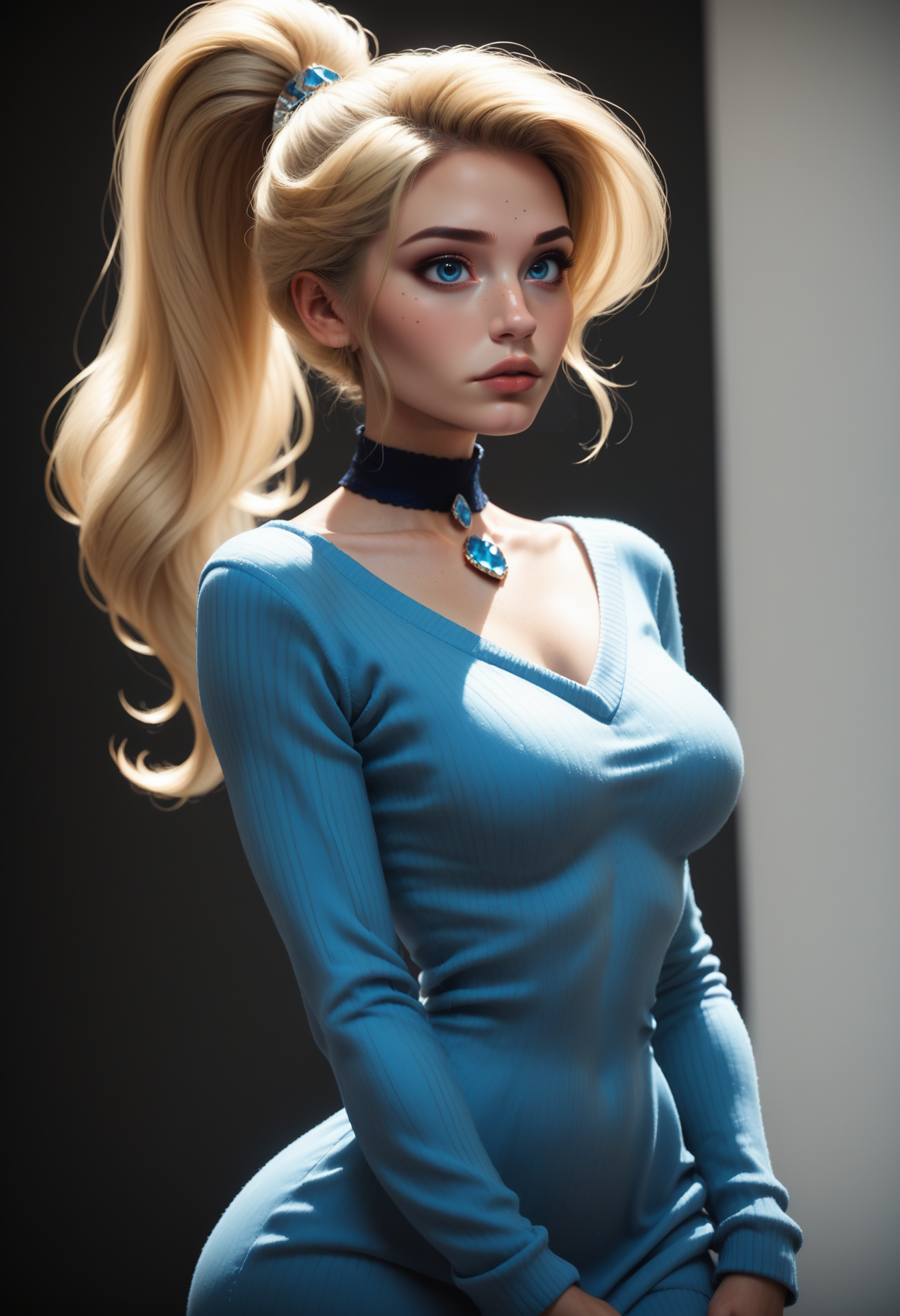 score_9, score_8_up, score_7_up,
1girl, solo, cowboy shot, sexy sweater dress, blue dress, scoop neck, long sleeves, black choker, sapphire choker jewel,
<lora:Dark_Sapphire_Pony_v0.1:0.5> d4rks4pph1r3, blonde hair, ponytail, blue eyes,