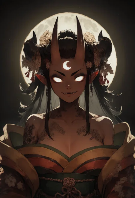 score_9, score_8_up, score_7_up,  score_9, score_8_up, score_7_up, Japanese teenage girl, floral kimono, exposed shoulders, beautiful face, thick eyelashes, glowing white eyes, white demon horns, long flowy black hair, cute smile, dark eyeshadow, glowing shoulders tattoos, glowing back tattoos, floral decoration in hair, night time, shinning moon, lit by moonlight, ambient lighting, fangs, demon skin  <lora:pony/concept_art_ultimatum> <lora:sdxl/sinfully_stylish_sdxl>