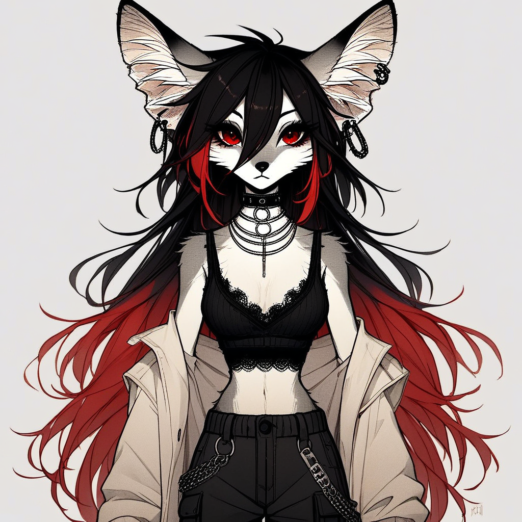 score_9_up, score_8_up, score_7_up, score_6_up, source_furry, (best quality:1.1), ultra-detailed, high resolution, highly detailed macro illustration, solo BREAK 1girl, rixa, anthro fox, female, gray and white fur, black and white fur, animal ears, black ear tips, fluff in ears, thin black eyebrows, black animal nose, (beautiful red eyes:1.2), (long eyelashes:1.1), black hair, red tipped hair, long hair, striped tail, fluffy tail, ear piercing, slim, narrow waist, breasts, alternative fashion, lace top, cargo pants, choker, closed mouth, :<, portrait, upper body, head tilted, look at viewer BREAK simple background, highly visible, sharp focus, anatomically correct