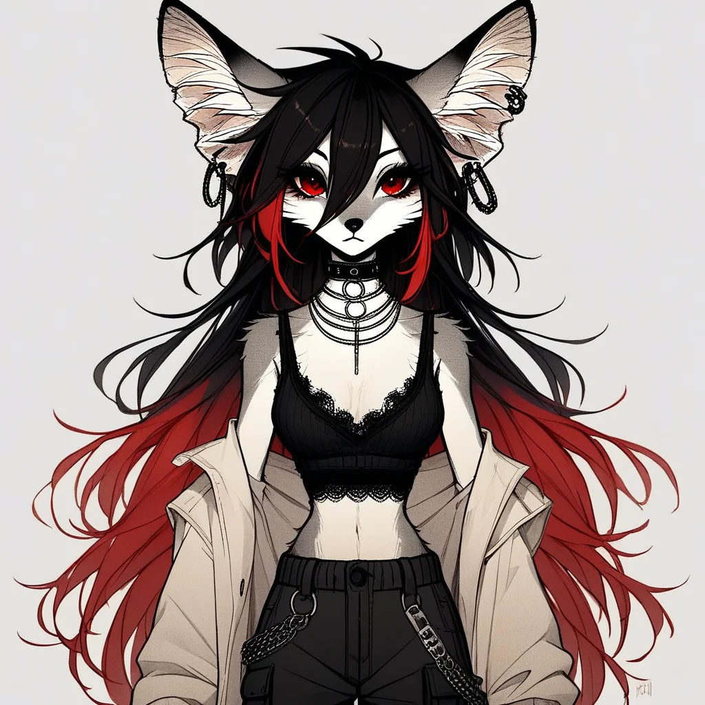 score_9_up, score_8_up, score_7_up, score_6_up, source_furry, (best quality:1.1), ultra-detailed, high resolution, highly detailed macro illustration, solo BREAK 1girl, rixa, anthro fox, female, gray and white fur, black and white fur, animal ears, black ear tips, fluff in ears, thin black eyebrows, black animal nose, (beautiful red eyes:1.2), (long eyelashes:1.1), black hair, red tipped hair, long hair, striped tail, fluffy tail, ear piercing, slim, narrow waist, breasts, alternative fashion, lace top, cargo pants, choker, closed mouth, :<, portrait, upper body, head tilted, look at viewer BREAK simple background, highly visible, sharp focus, anatomically correct