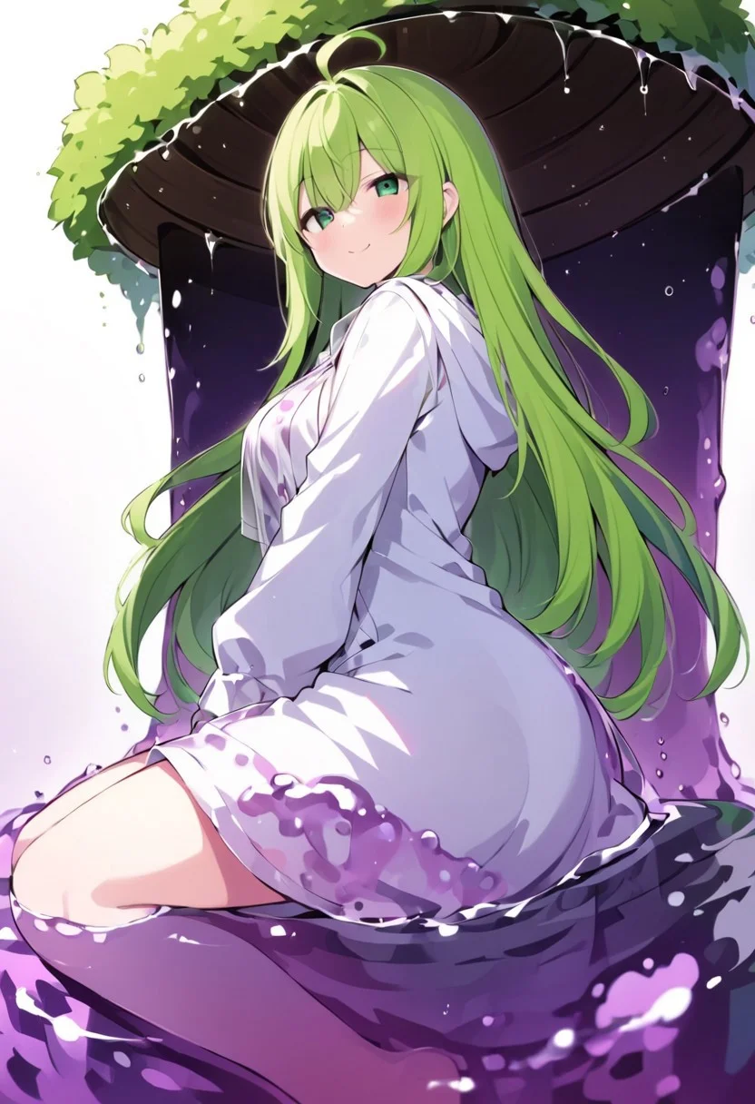(masterpiece), (score_9, score_8_up, score_7_up,source_anime), 4K8K, best quality, high res image, illustration, Uncorrected, CG,
(girl view from below. look-up angle:1.3), from side,
1 woman sitting on a giant white grape slime, pretty white slime, (lot of white grape cubes around woman), (hair over breasts, long hair, hair censor:1.4), twinkle grape cube,
slime, slime like a white grape, white grape slime, see-through slime,
BREAK
medium breasts,
(gradient hair, green hair, very long hair, Bangs covered eyes, ahoge, hair over breasts, hair censor),
(hair blind eyes, half opened eyes, jitome, smile),
wearing hooded robe, linen dress, culottes, denim short culottes,
in orchard, fruit orchard, fruits trees,