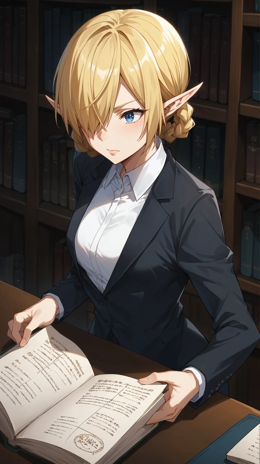 score_9,score_8_up,score_7_up,score_6_up, source_anime, zPDXL3, <lora:xl_more_art-full_v1:0.5>, woman, dynamic pose, reading, <lora:Kagali - Pony-000004:0.8>, blonde hair, hair up, braids, pointy ears, elf ears, hair over one eye, blue eyes, white collared shirt, black suit, suit jacket, suit pants, east asian architecture, interior, bookshelf,