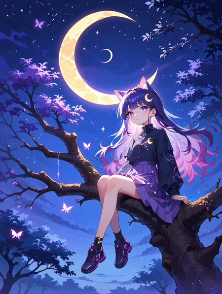 score_9, score_8_up, score_7_up,source_anime,
1girl,mixed Korean,Kpop idol, Surreal night scene,silhouette of a cat sitting on a tree branch,crescent moon in the sky,purple hues,starry night,dreamlike atmosphere,glowing edges,mystical,high contrast,ethereal light,