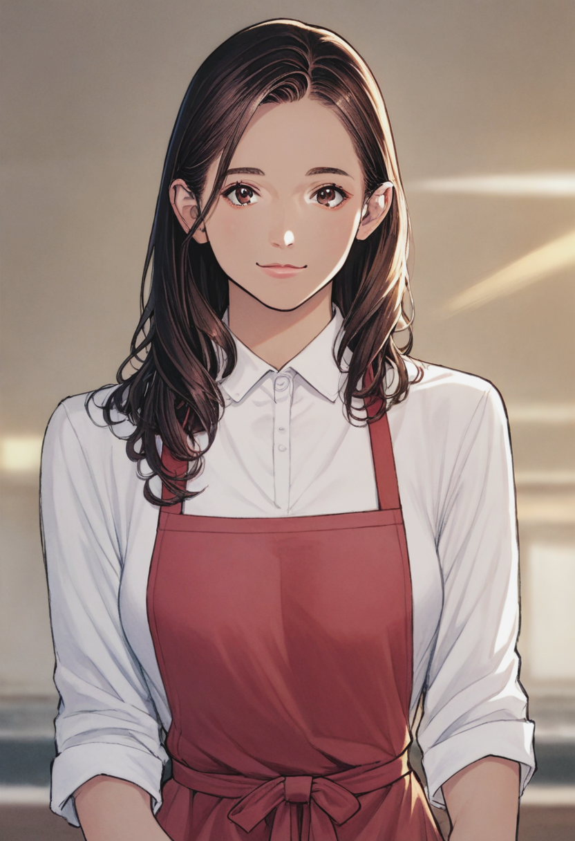 source_anime, score_9, score_8_up, score_7_up, 1girl, solo, Mimicking shooting an arrow, panorama, (Red Apron), dark brown hair, portrait, rating_safe, <lora:sdxl\pony diffusion\artist_styles\izayoi_seishin_pony:1.0>