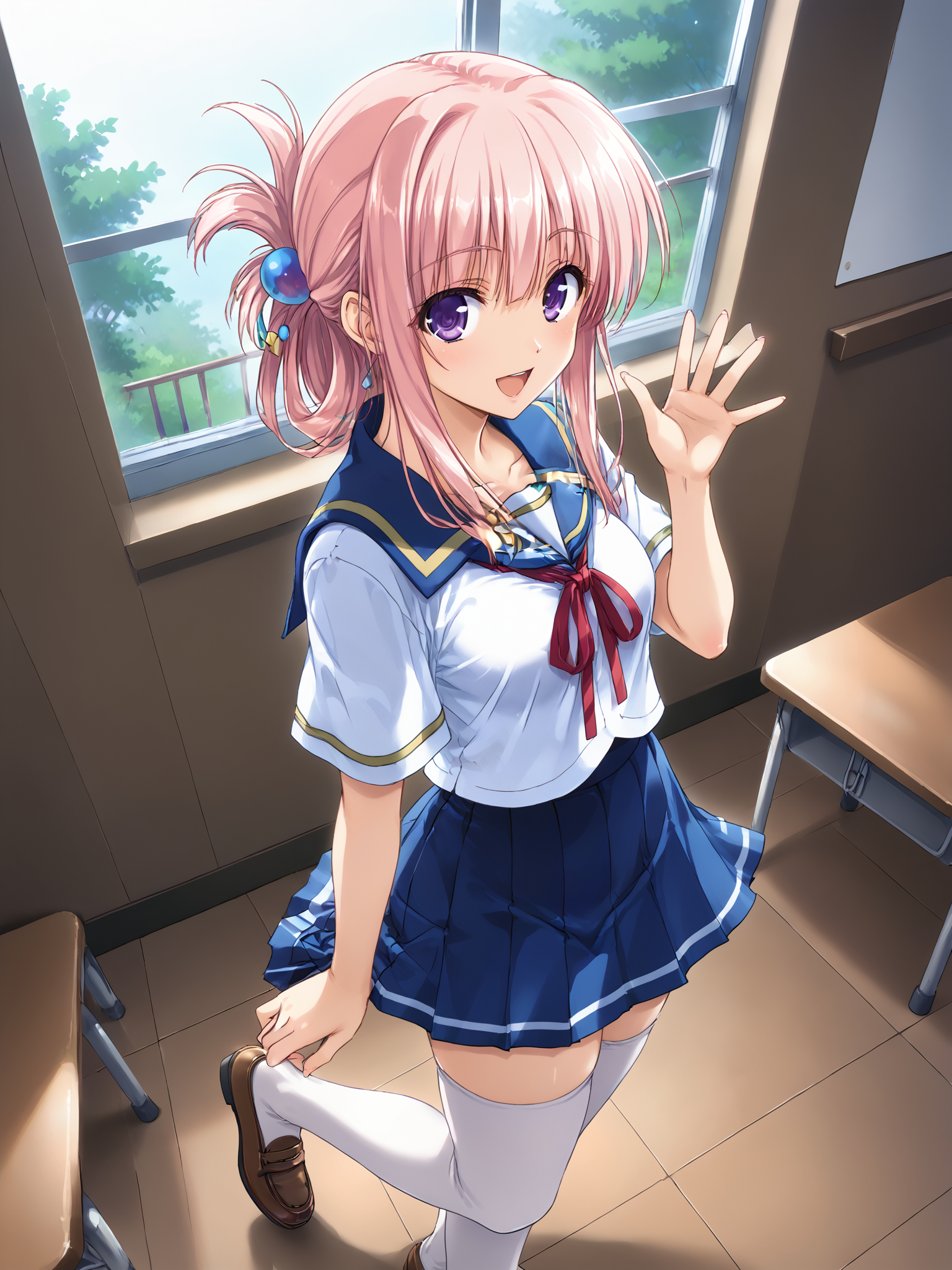 score_9, score_8_up, score_7_up, source_anime, BREAK
school corridor, indoors,walking, school uniform, (angled view, from above, pov:1), looking up at viewer, :D, from side, waving, open mouth, smiling, BREAK
1girl, solo, <lora:NojimaHotori_Pony_v1:0.8>, nmnjhtr, folded ponytail, teal hair ornament, purple eyes, pink hair, school uniform, serafuku, pleated skirt, blue skirt, (white thighhighs:1.2), (uwabaki:1.5), shoe straps, zettai ryouiki, red ribbon, (tareme, droopy eyes:1)