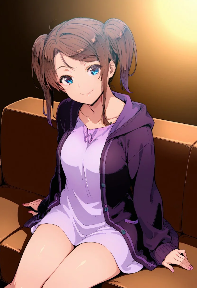 source_manga, best quality,masterpiece, Master piece, illucinemic lighting, shinozuka_yuuji's style, 1girl, young girl, brown hair, twintail, blue eyes, violet cardigan, light violet shirt, sitting on a couch, smile,