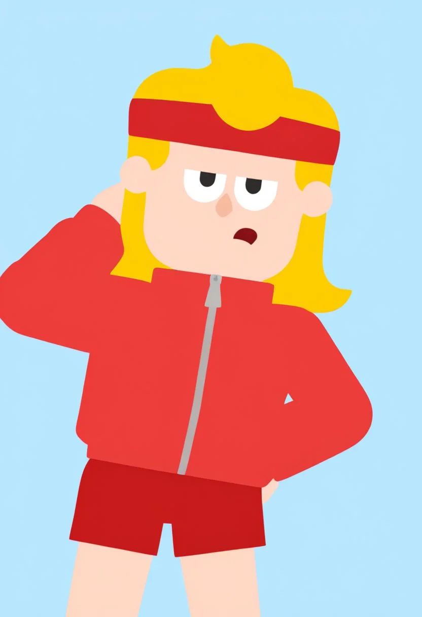 Eddy, EddyDuolingo, man, red shorts, red jacket, ZIPPER, blonde hair, athlete, sports red headband, FLAT COLOR,
MINIMALISTIC,
VECTOR ART,
CLEAN LINES,
ILLUSTRATION,
GRAPHIC DESIGN,
VECTOR GRAPHICS
