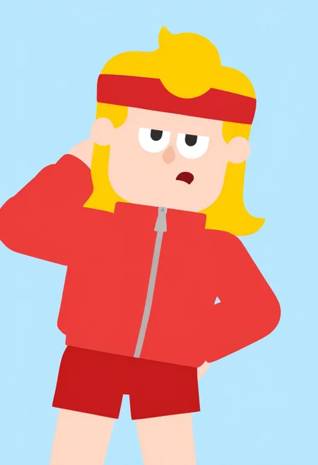 Eddy, EddyDuolingo, man, red shorts, red jacket, ZIPPER, blonde hair, athlete, sports red headband, FLAT COLOR, 
MINIMALISTIC,
VECTOR ART,
CLEAN LINES,
ILLUSTRATION,
GRAPHIC DESIGN,
VECTOR GRAPHICS